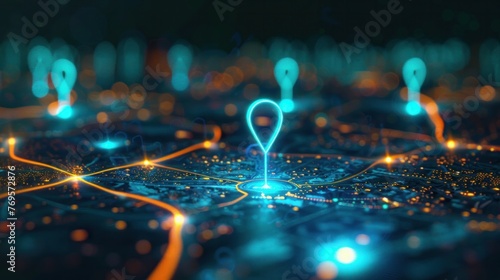 Digital pinpoint markers show different locations on a map. AI in GPS uses map technology to create better routes and transportation logistics. This helps find new office locations or change addresses