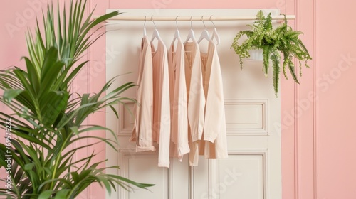Organize your wardrobe with these stylish hangers on a pastel shelf. The hanging clothes, plants, and door create a serene and orderly space. Ideal for bedrooms, studios, and retail stores.