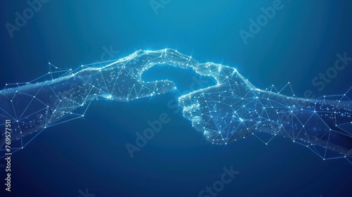 Two digital hands connected on a blue background. The hands are formed by lines, dots, and triangles creating a 3D effect. This is a business partnership concept, represented through a low poly wirefr