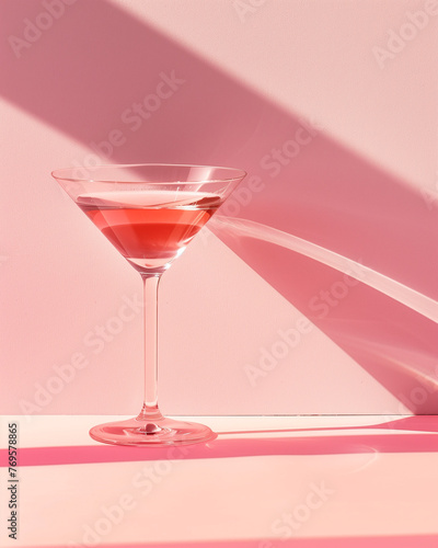 Cosmopolitan coctail on a pastel pink background. Minimal summer and party idea. product promotion