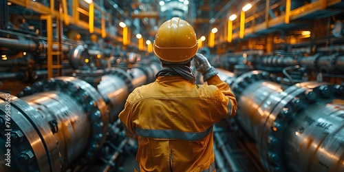 Examining Steel Pipes in an Oil Refinery Factory. Concept Piping Systems, Industrial Equipment, Oil Refinery Inspection
