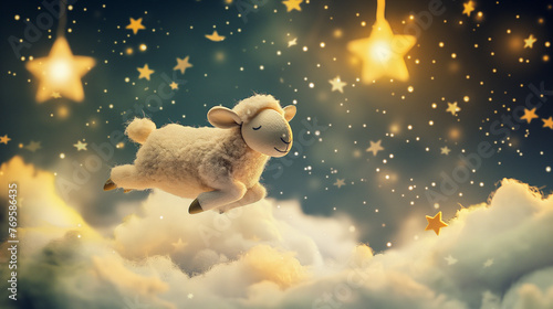 Dreamy image of a sheep floating among clouds and stars. Whimsical bedtime and dreamscape concept. Design for children's book illustrations, sleep aid products, and nursery room decor.