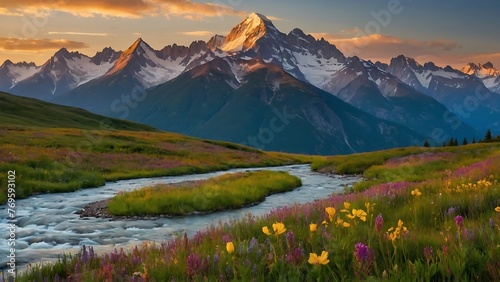 Beautiful alpine meadow and snow-capped mountains at sunset. Beautiful spring and summer natural panoramic pastoral landscape