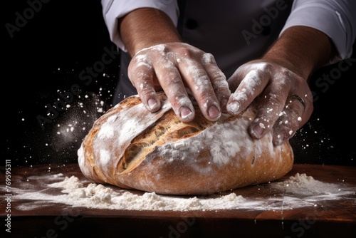 Close-up of a chef's hands breaking open a freshly baked bread roll.