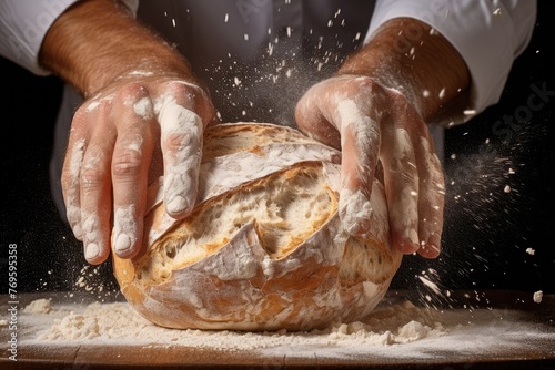 Close-up of a chef's hands breaking open a freshly baked bread roll.