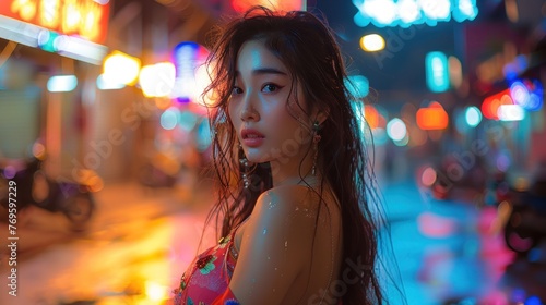 Asian young woman in summer. She put on makeup, her long hair was a little messy, and she was wearing a cheongsam and high heels. The background is the night streets of pattaya,thailand