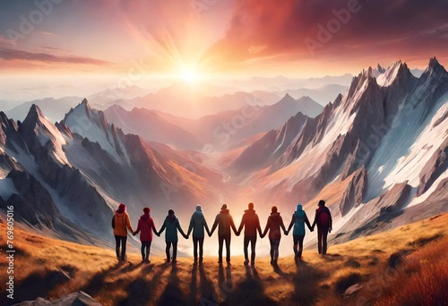 Panoramic view of team of people holding hands and helping each other reach the mountain top in spectacular mountain sunset, landscape.