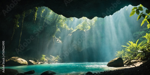 Beautiful water hole in a mysterious jungle cave. 