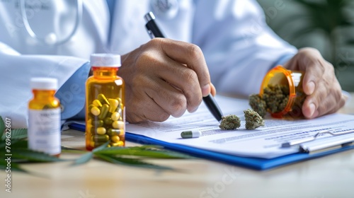 Closeup of medical cannabis in an open bottle and capsule on a table, with marijuana leaves and buds nearby, Doctor writing on prescription blank and bottle with medical cannabis.