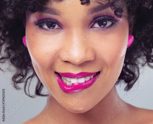 Portrait, lips and closeup and bite for female person, sexy and beauty with makeup on white background. Lipstick, face and cosmetics with mouth of flirty woman model, lipgloss and cosmetology