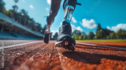 Close-up of a person's lower leg with a prosthetic limb, pictured in action on a running track with a vivid blue sky in the background, indicating a sense of motion, determination, and athleticism.