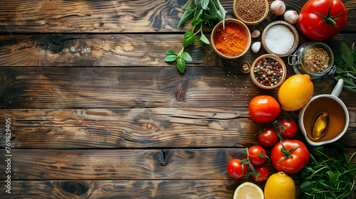 Various spices, herbs and ingredients for cooking on a wooden background top view