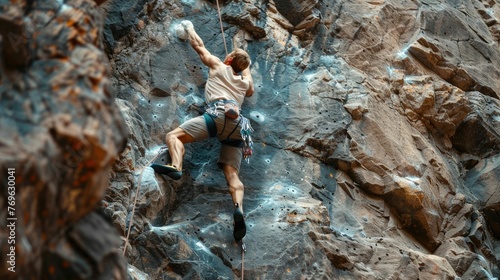 Daring rock climber is captured in mid-ascent,their determined expression and taut muscles conveying the immense physical and mental challenge of scaling the rugged,steep cliff face The