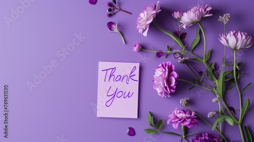 A "Thank You" card surrounded by purple and pink flowers against a lavender background.