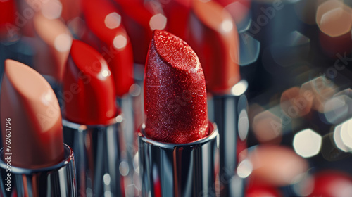 Close-up of a collection of lipsticks with different shades of red, featuring a prominent glittery lipstick in the center against a blurred background