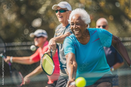 A woman gracefully hitting a tennis ball with a racquet on a sunny day outdoors.