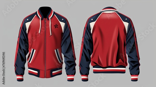 A varsity jacket design for sportswear, depicted in both front and back views
