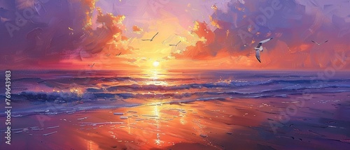 Glistening beach, oil paint style, seagulls soaring, sunrise colors, high perspective.