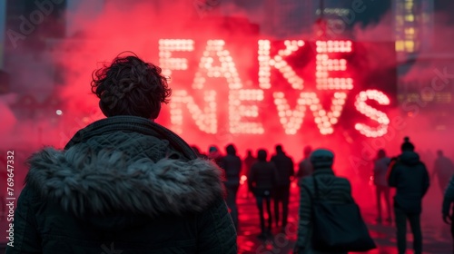 A man stands defiantly in front of a brightly lit sign reading fake news, symbolizing the spread of misinformation and deception