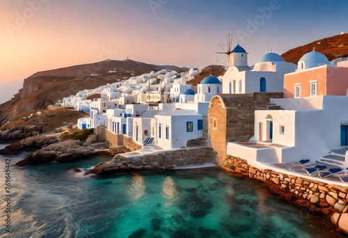 Embrace the warm hues of sunset in Mykonos Town Chora, where the Aegean Sea's azure waters reflect the vibrant life of this iconic Greek island