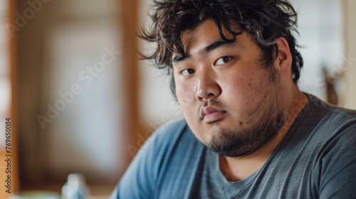 A man with a beard and messy hair wearing a gray t-shirt looking slightly to the side with a thoughtful expression.