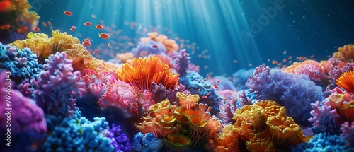 Closeup of a coral reef scene, photorealistic, vibrant colors, illuminated by natural light ,close-up,ultra HD