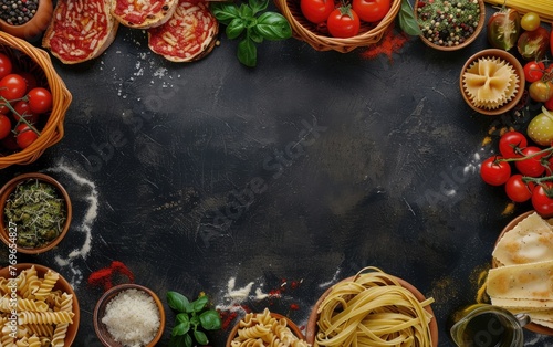 Arranging Italian Pasta Dishes into a Creative Frame,Crafting a Frame with Italian Pasta Delicacies, Copy Space, Generative Ai
