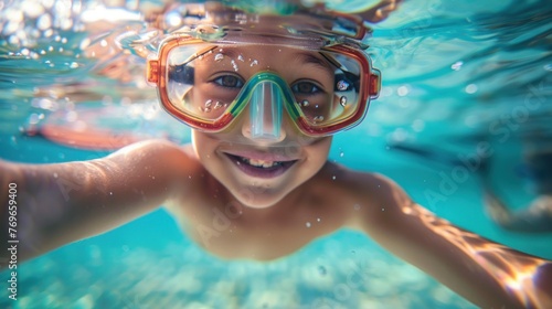 A young child with a big smile wearing red goggles swimming underwater with bubbles around.