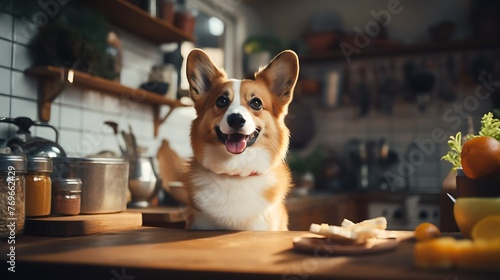 Cute welsh corgi dog sitting in the kitchen at home