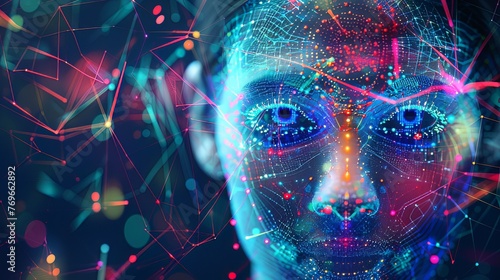 Facial Recognition: In an image representing a facial recognition algorithm, a person's face may appear on a large screen, accompanied by a set of data or analysis results. 