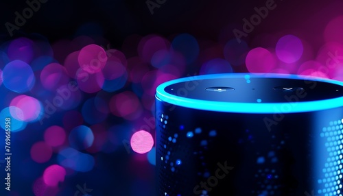 Black smart speaker with blue light ring isolated on pink and blue gradient background