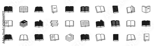 Book icon set. Open book, pages, bookmark, magazine. Editable stroke