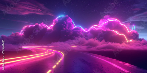 Futuristic neon-lit highway curving towards glowing pink and purple clouds, creating a surreal and dreamlike night scene. 