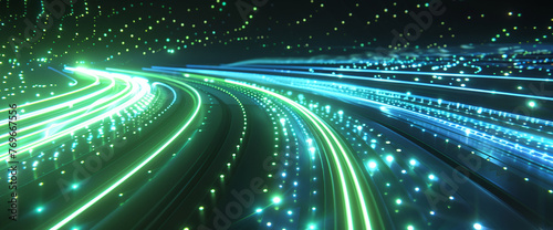 A vibrant visualization of data streaming, with flowing green and blue lights that evoke the rapid movement of information across a digital network