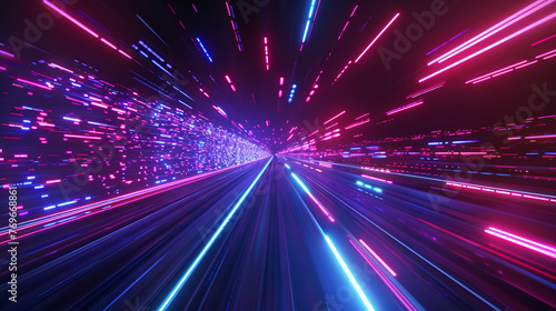 A high-speed journey through a tunnel of vibrant neon light trails, simulating a hyperspace jump in outer space