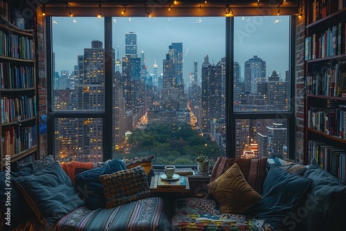 an apartment building with the view of cityscape buildings glass windows with turkish arabic bedouin traditional designed comfortable sofa couch chair