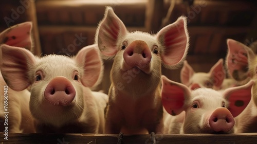A group of piglets peering over a fence with an inquisitive gaze, capturing the playful essence of farm life.