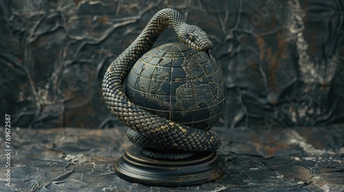 A symbol of worldwide impact and transformative authority in cross-continental commerce: a cobra encircles the globe.