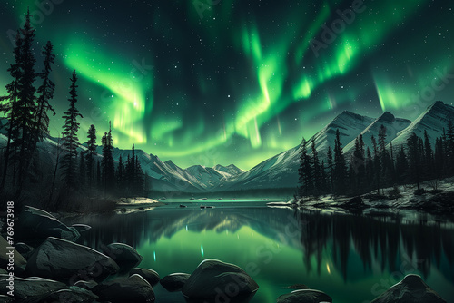 Nordic lights. Aurora borealis in nordic countries. Mountains. Lake. Forrest. Night sky. Stars. AI Generated