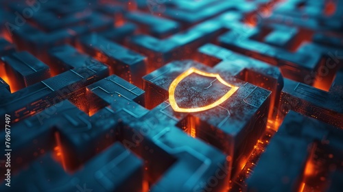 Glowing cybersecurity shield on a complex digital landscape.