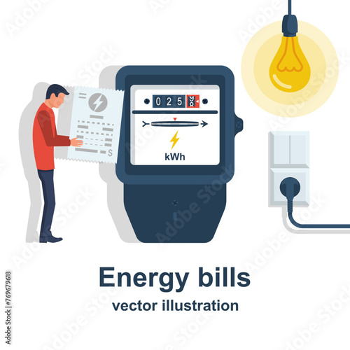 Energy bills. Man paying utilities. Concept of invoice and electricity meter. Electricity bills. Check for payment in hand. Vector illustration flat design. Isolated on background.