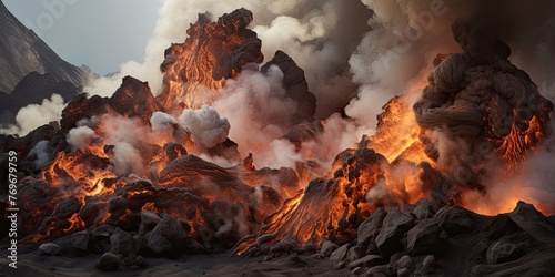 Earthquake and eruption: explosions, smoke, fire, and flowing lava.