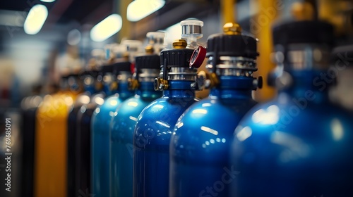 Oxygen cylinder with compressed gas. Blue Oxygen tanks for industry. Factory