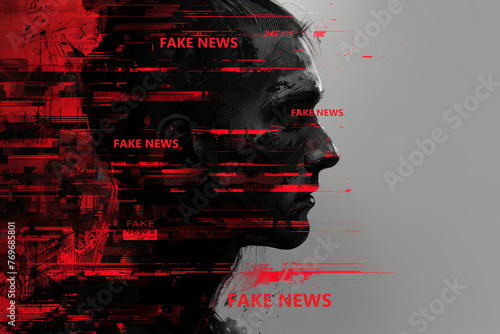A womans face is subtly morphed with the words fake news, symbolizing the manipulation and distortion of information in todays media landscape