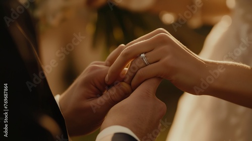 Close-up of a man's hand placing an engagement ring on a woman's finger, symbolizing love and commitment.