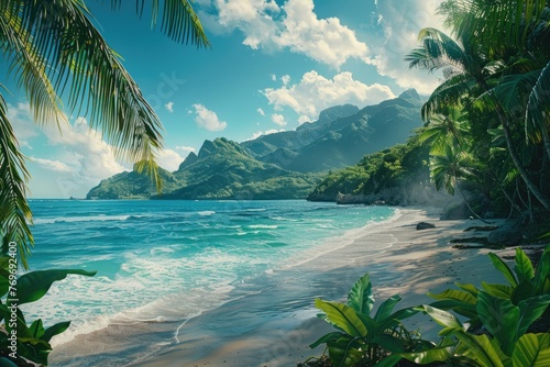 a beautiful tropical beach tourist location with ocean sea and palm trees