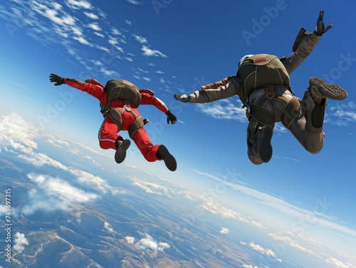 Two skydivers perform tandem freefalling with a clear blue sky in the background capturing the essence of adventure and freedom.