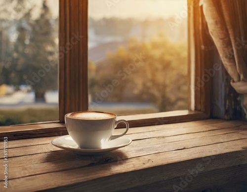 Xícara de café no balcão e janela 4
