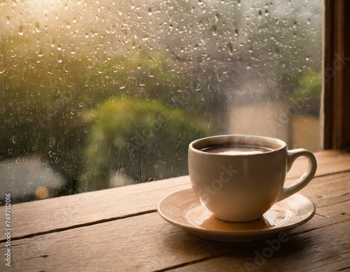 Xícara de café no balcão e janela 10