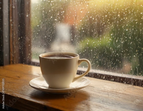 Xícara de café no balcão e janela 13